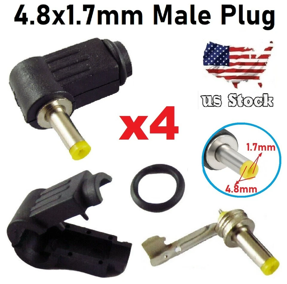 4 Pieces Right Angle 11* 4.8 x 1.7mm DC Power Male Plug Soldering Connector