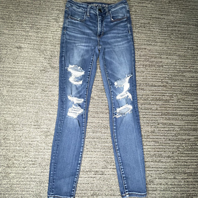 American Eagle Size 6 Girls Jeans Youth Hi Rise Jegging Blue Distressed Denim