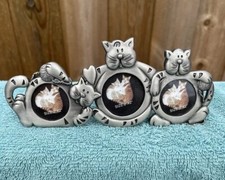 Vintage 3 pictures 2x2" fit. Pewter Cat Photo Picture Frame Unused 7x3" w/stand