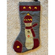 17" Padded Christmas Stocking Snowman Plaid Applique Folk Art Country