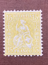 Schweiz 1881 sitzende Helvetia 15 Rp. gelb Faserpapier ungebraucht Falz