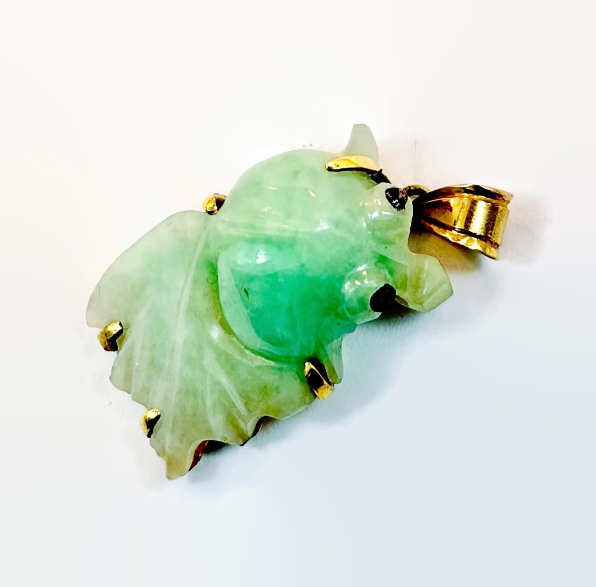 Jade Pendant, Fish, Koi, Green, Yellow Gold, Gold Filled, Carved