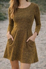 H&M Mustard Fit Flare Skater Dress S Long Sleeve Casual Chic Minimalist Preppy