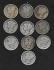 Lot of (10) Silver Mercury Dimes - Circulated 90% Silver ALL TEENS