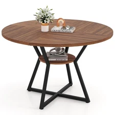47” Round Dining Table for 4 with Storage Shelf, Wooden Tabletop, Metal Base