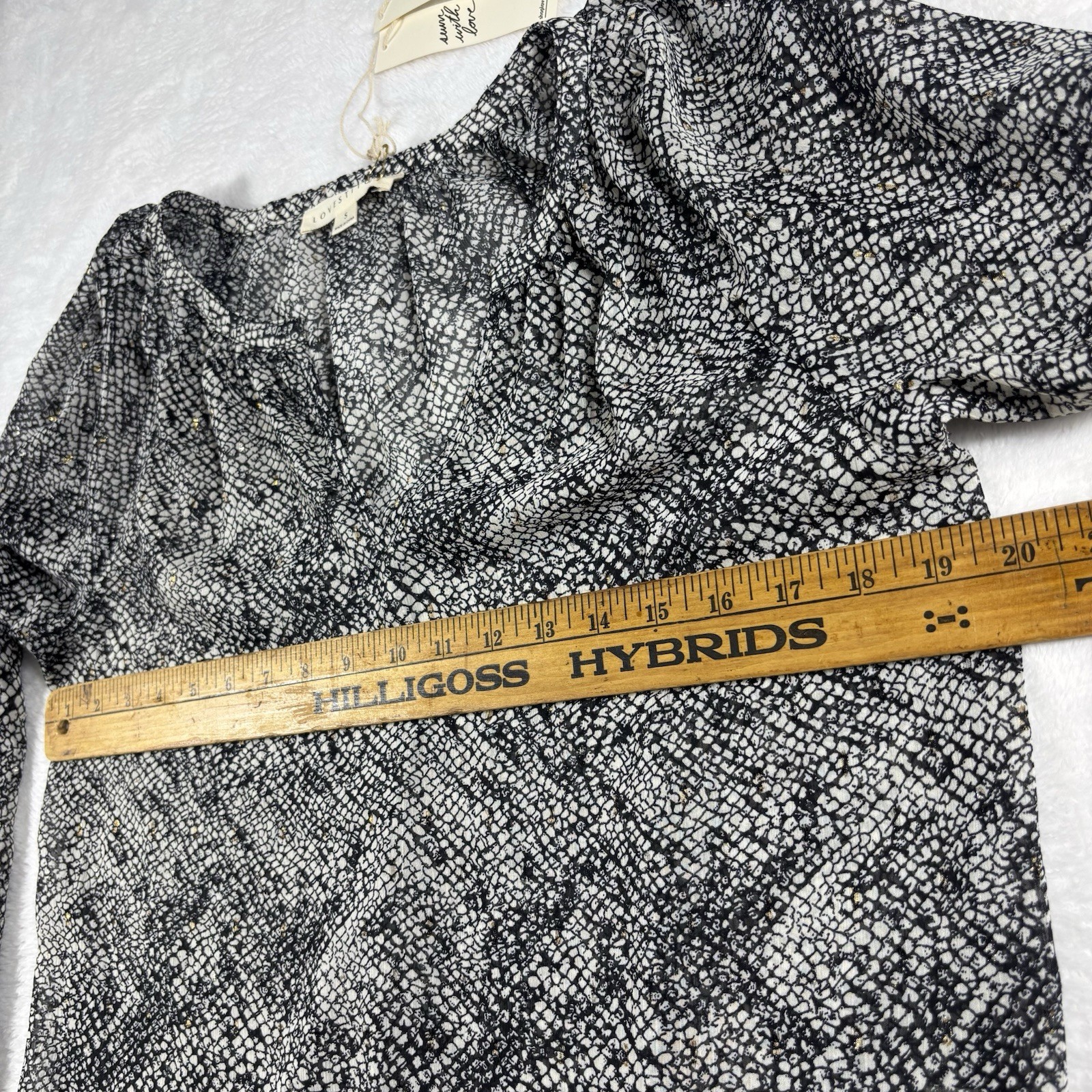 Love Stitch Women Boho Blouse S Flowy Balloon Sleeve V-Neck Sheer Black NEW