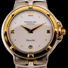 RAYMOND WEIL PARSIFAL 9190 TWO TONE GOLD STEEL 34MM WHITE DIAL WATCH