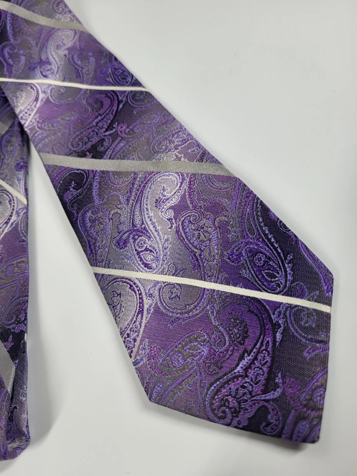Corbata de seda de Murano púrpura gris blanco rayas cachemira hombre EE. UU. 59 x 3,3/8 Foto 3 de 4
