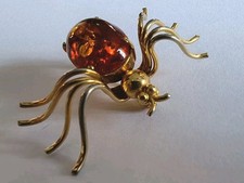 Vintage Bernstein-Brosche 🎁 Geschenk Spinne vergoldet Cognac-Amber Cabochon 