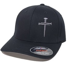 Christian Three Nail Cross Embroidered FLEXFIT Black Hat, 5001