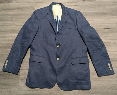 Tasso Elba Men's Navy Blue 100% Linen Lightweight Sport Coat Jacket Size 44R