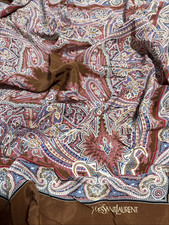 YSL Silk Scarf 33in Brown Paisley Ornamental Square Classic Yves Saint Laurent