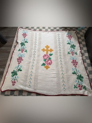 Vintage Crochet Granny Cross Easter Afghan Retro Roses Cross Stitch Blanket