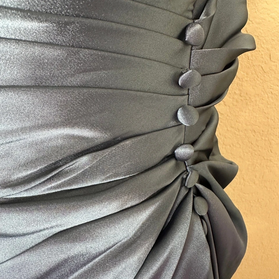 NWT Galina Signature Formal Dress 14 Blue Satin Long Faux Wrap Ruched Elegant - Image 3 of 4