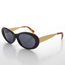 Matte Black Oval Mod Punk Cateye 90s Vintage Sunglass Gold Temple - Loretta