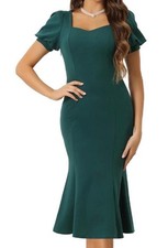 Green Midi Dress Square Neck Short Puff Sleeve Mermaid Solid
