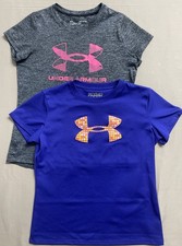 2 Piece Under Armour Girls Loose HeatGear Short Sleeve T-Shirts Big Logo Size M