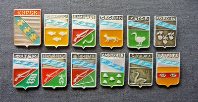 Set 12 USSR Soviet Badge Coats of Arms of Cities of Kursk Region Russia_Standart