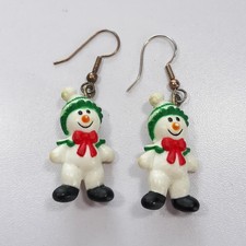 Christmas Snowman Earring Set Green White Acrylic Dangle Hook Pierced Earrings