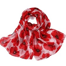 Women Silky-Feel Fashion Scarf Summer Sheer 35W 72L Inch Flower-beige/Red