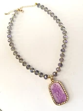 Victorian Revival AB Glass Cherub Pendant Necklace Beaded Purple Gold Tone 19"