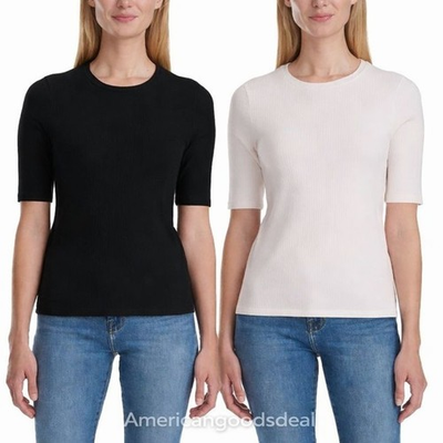 #ad Splendid Women#x27;s Ribbed Knit Top Elbow Sleeve Stretch Crewneck Size XS 2XL $18.99