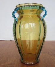 Gorgeous Amber Art Glass 7 Inch Vase with Blue Glass Applied Ribbons