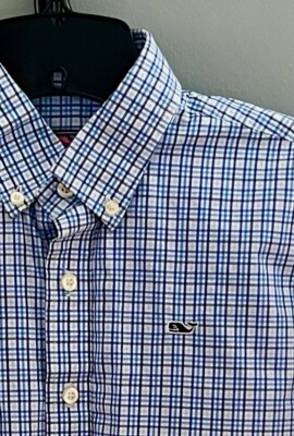 Boys Vineyard Vines Button Down Whale Shirt L 16-18 Blue Plaid L/S Spring Summer
