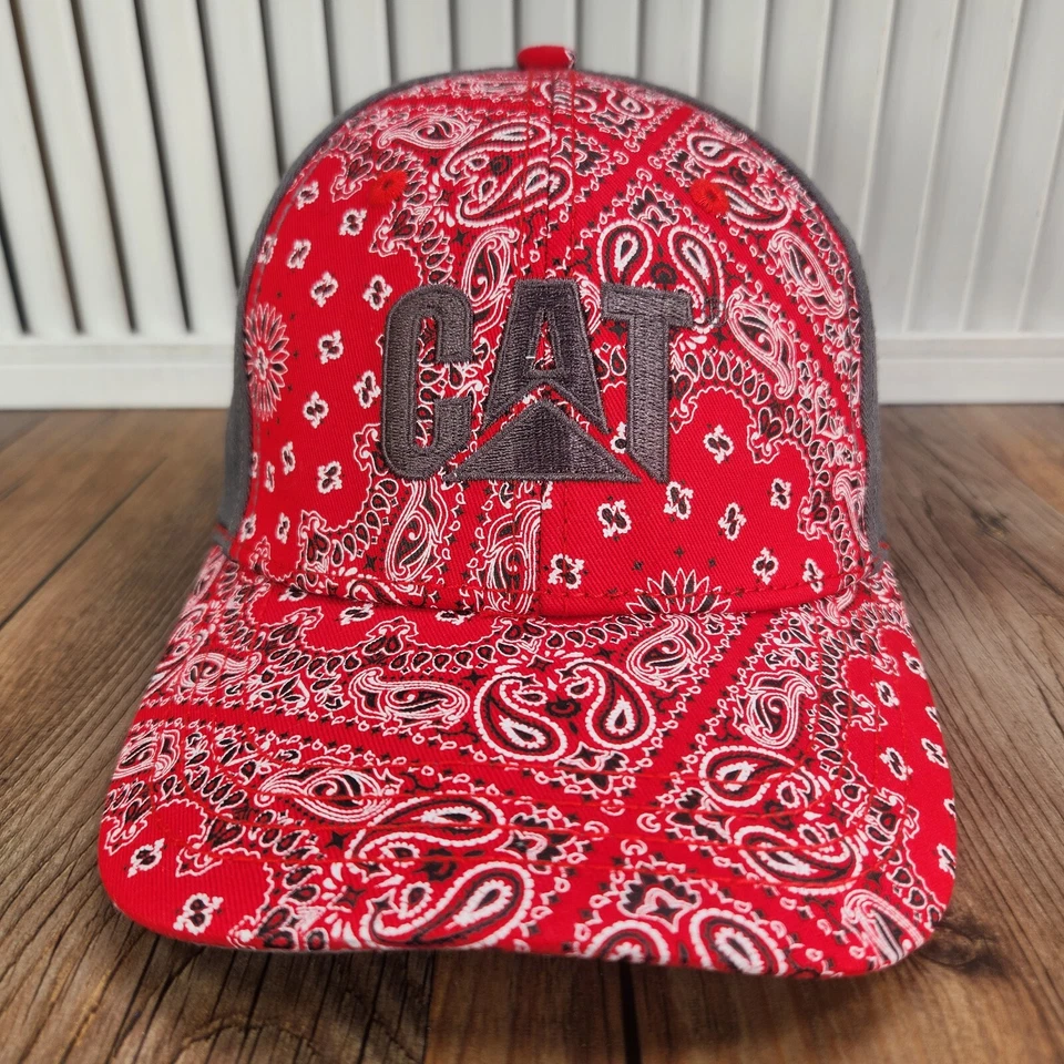 CAT Equipment Paisley Bandana Strapback Hat Cap Red Gray Canvas Adjustable Ranch - Image 2 of 4