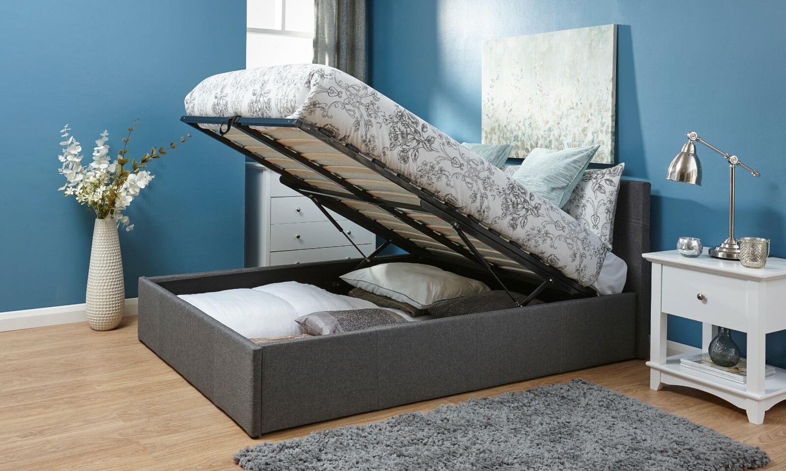 End Lift Double Ottoman bed Silver Fabric 4ft 6 gas lift up storage bed