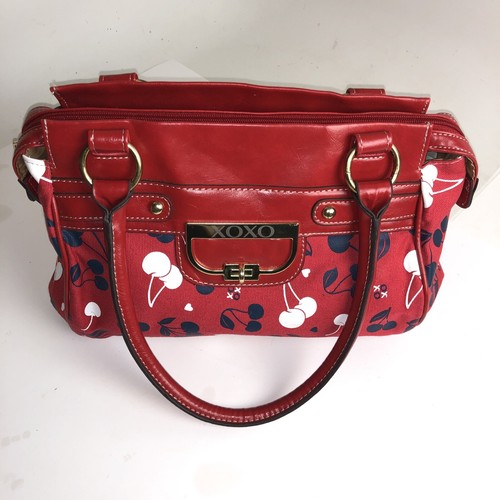 XOXO Cherries Purse Red White Blue Cherries Vinyl Handles Cotton Exterior - Picture 4 of 12