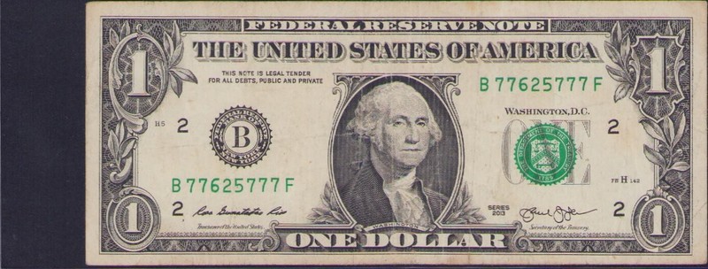 2013 US $1 Dollar Bill Banknote Fancy Serial Number B 77625777 F Very Cool