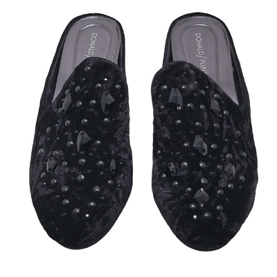 Donald Pliner Baz Womens Black Velvet Studded Jeweled Mules Flat Shoes Size 7.5M