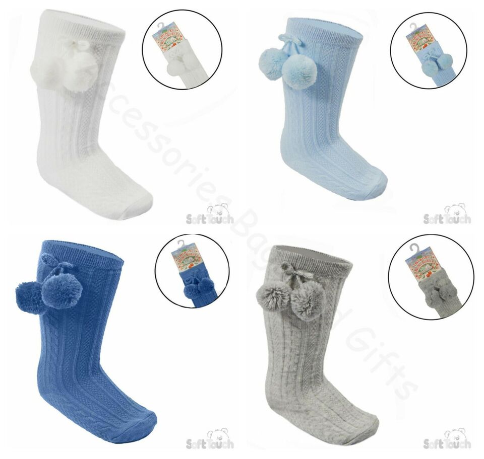 New Baby Pom Pom Knee Socks Cable Spanish Soft Touch Blue White 0 - 24Mths ~ abg