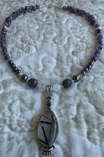Sterling Tourmalinated Quartz Pendant Gemstone Beaded Necklace Handmade