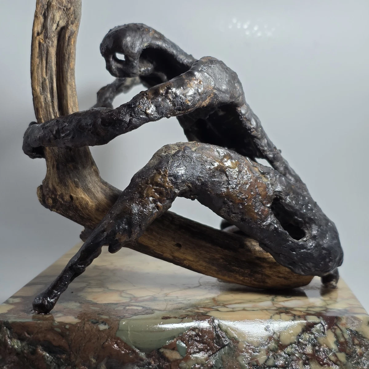 Century Brutalist Welded Metal & Wood Figurative Sculpture on Marbled Stone Base