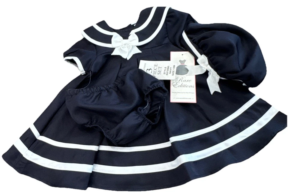 Conjunto de 3 piezas de vestido marinero para bebé niña ediciones raras talla 12 m azul marino blanco náutico Foto 4 de 4