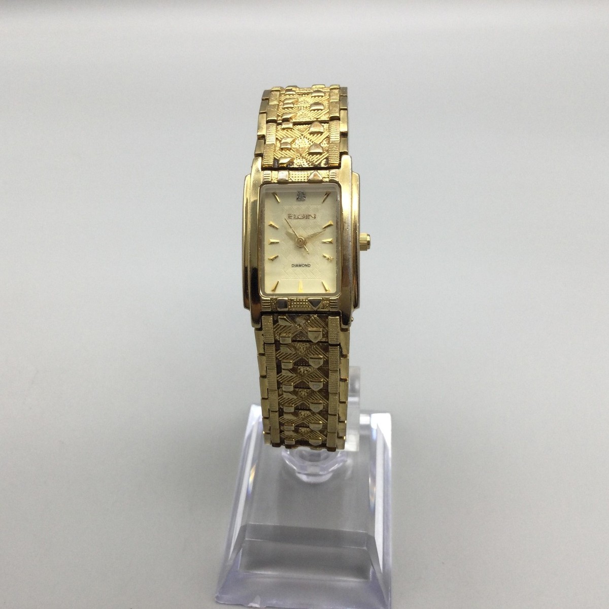 Elgin Womens Watch 20mm Gold Tone Diamond Textured Bracelet New
