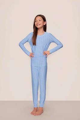 Eberjey Striped Pajama Set Youth Unisex Size 8 Blue Tencel Modal