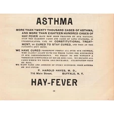 1892 Antique Asthma Hay Fever Treatment Print Advertisement Buffalo NY