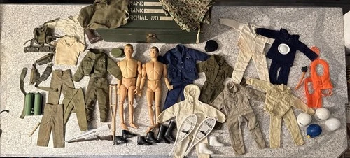 Vintage 1964 GI Joe Lot 2 Action Figures, Clothing, Accessories, Weapons And Box