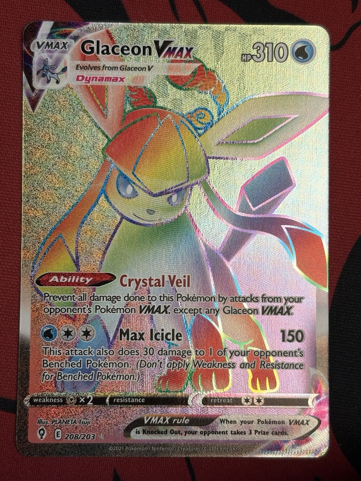 Glaceon VMAX 208/203 Secret Rare SWSH07: Evolving Skies Card NM