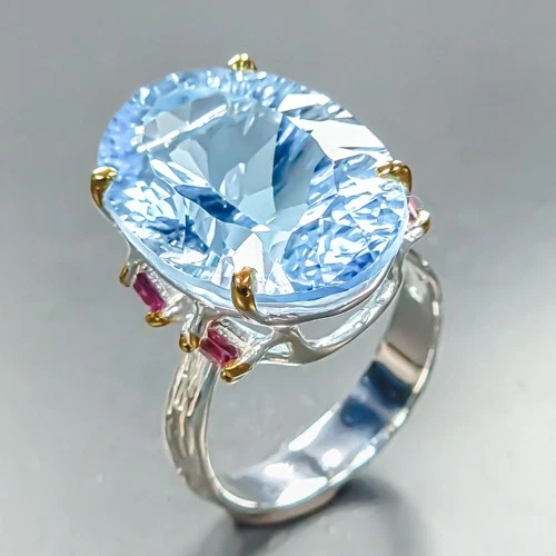 Handmade 34 ct+ Natural Blue Topaz Ring 925 Sterling Silver Size 8 /R464918