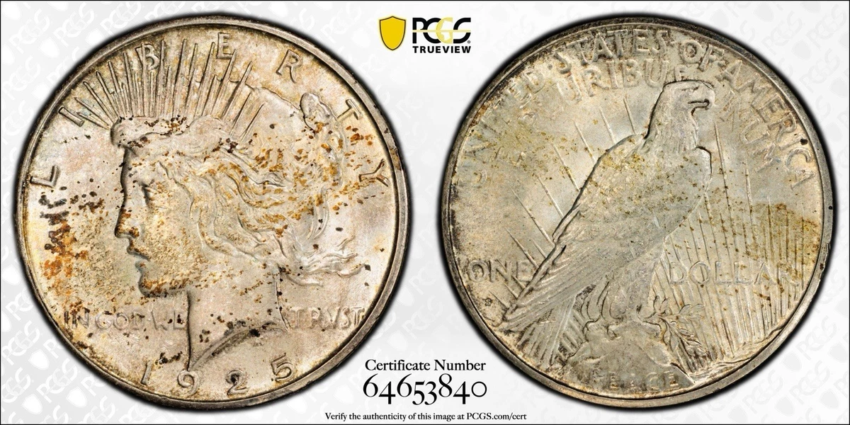 PCGS Certified MS 62 Graded 1925 Year Peace Dollars (1921-1935