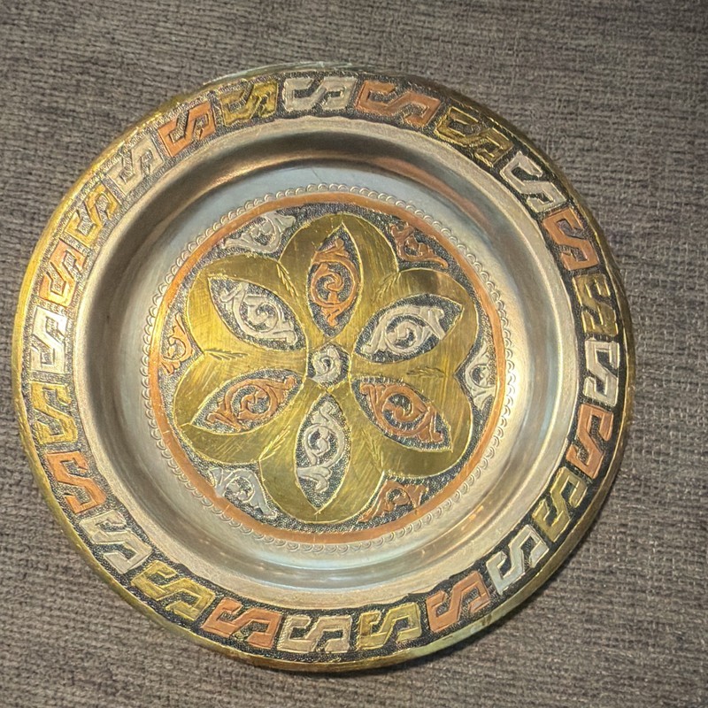 Middle Eastern Brass Decorative Plate Floral Motif Mixed Metals Wall Hanging Lo…