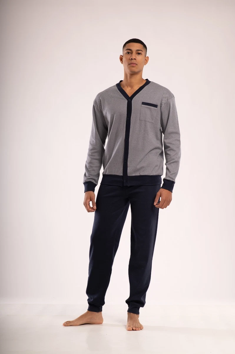 Pyjama Homme GUASCH - Col Guru Boutonné Gris/rayé Rose - 100% Coton - Neuf Avec étiquettes