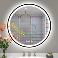 NEW 24 in LED BLUETOOTH ROUND MIRROR 3 COLOR WALL VANITY DIMMABLE ANTI FOG TOUCH