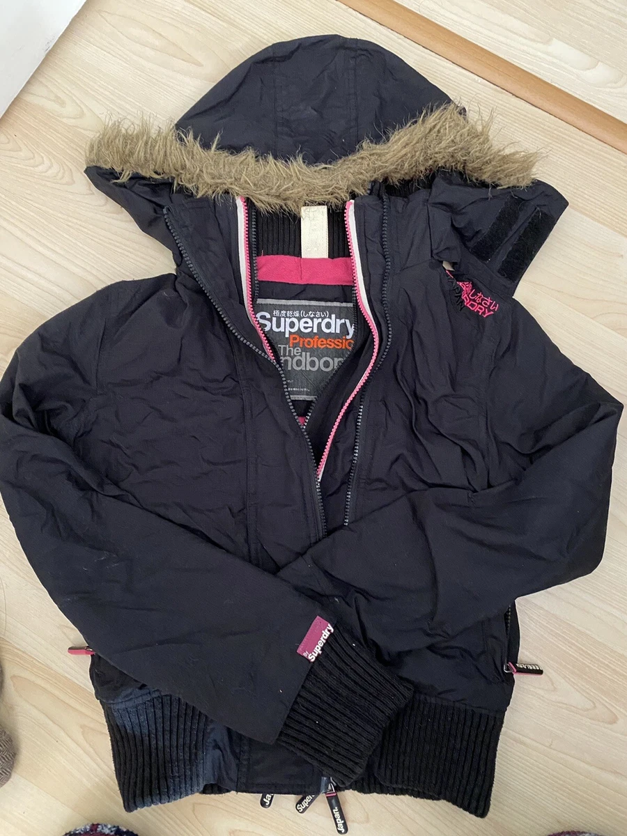 Black Superdry Windbomber Pink Fleece Lined Hooded Jacket Coat