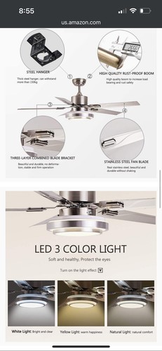 RainierLighting 48” Ceiling Fan Stainless Steel Remote 3 Speed 3 Color Lamp - Picture 2 of 8