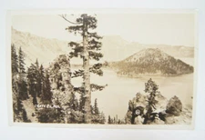Crater Lake Vintage Postcard RPPC Nature Trees Scenery Black & White